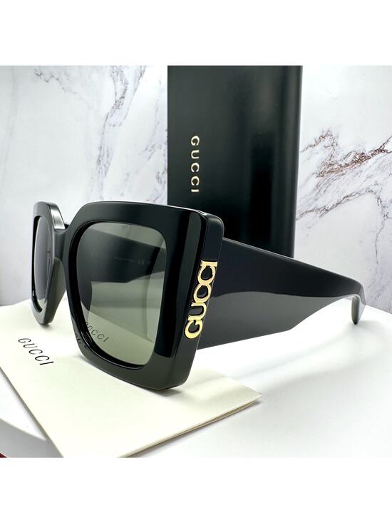 New GUCCI Sunglasses Black Gold Logo Square Oversized 51mm Grey Lens Womens main image 16